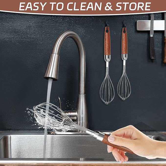 Stainless Steel Wire Cooking Whisk, Multi Function Kitchen Hand Whisk Non Stick Balloon Whisk Egg Beater for Blending Whisking Beating Frothing Stirring Batters,Wooden Handle (11""L x 2.1""W)