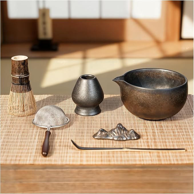 Matcha Whisk Set, 7-Piece Gilded Matcha Set with Ceramic Bowl, Whisk, Wooden Handle Sifter, Large Bamboo Mat and More – Complete Matcha Kit with Gift Box for Matcha Lovers