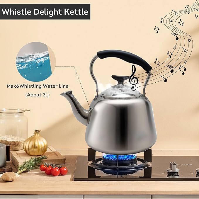 Lily's Home Whistling Tea Kettle for Stovetop, 2 Quart Stainless Steel Water Kettle with Loud Whistle, Cool-Touch Handle & Induction Compatible Base - For Gas, Electric, & Induction Cooktops