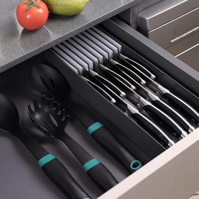 Linoroso Knife Drawer Organizer With In-Drawer Knife Block for 9 Knives, Kitchen Utensil Organizer, BPA Free Secure Storage Tray for Countertop Organization