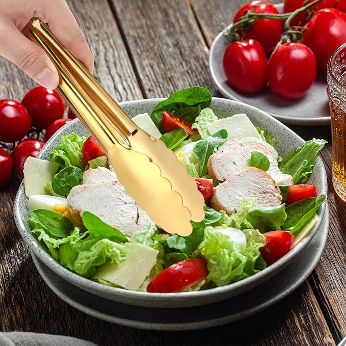 12 Pack Stainless Steel Buffet Tong Gold Serving Tongs 9 Inch Buffet Utensils Heavy Duty Durable Clamps Metal Kitchen Clip for Salad Steak Wedding Party Banquet Gathering