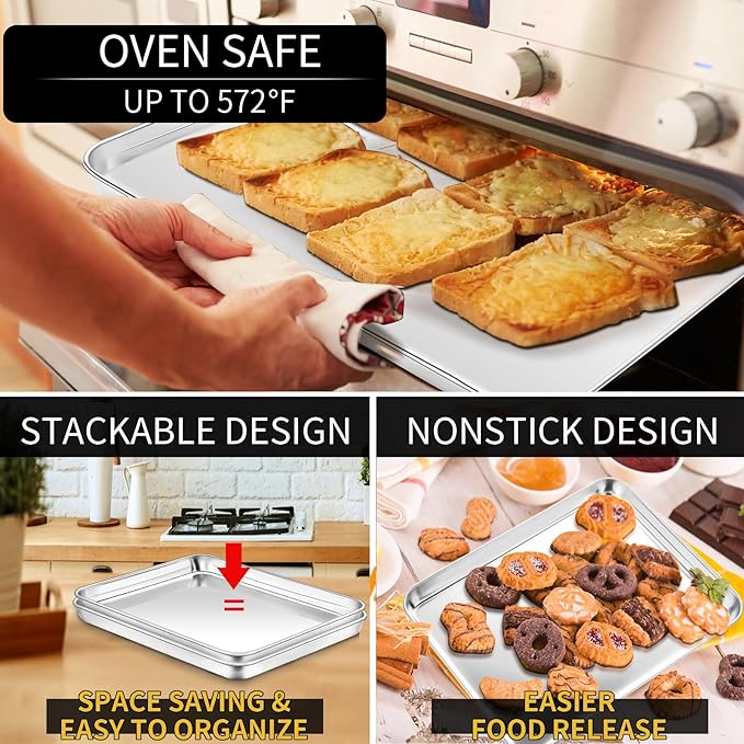 Stainless Steel Baking Sheet Set, 2 Pcs Quarter Cookie Sheet Pan Baking Trays for Oven, Non Stick and Heavy Duty and Easy Clean, 12.4 x 9.6 x 1 Inch