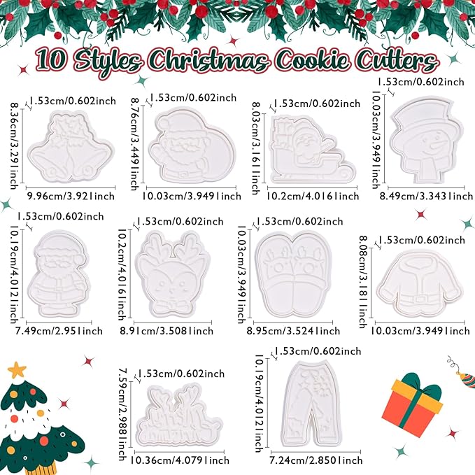 Flycalf Christmas Cookie Cutters Santa Gift with Plunger Stamps Holiday PLA Baking Accessories Cutter Molds Gifts Decorative Party 3.5" Kitchen Cake Supplies