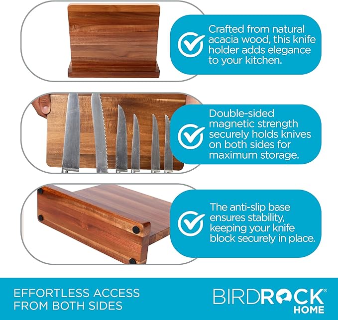 BIRDROCK HOME Wooden Magnetic Knife Block | Acacia Wood Knife Storage | Double-Sided Strong Magnetic Knife Holder | Knife Organizer for Kitchen & Space-Saving Design | No Knives Included | 12.8"Lx10"H