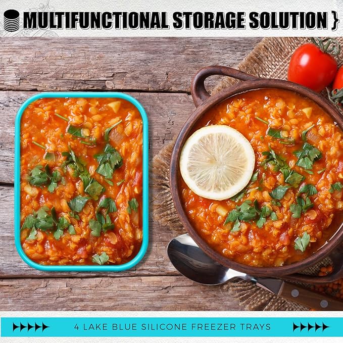 Nuogo 4 Pcs 6 Cup Silicone Freezer Trays with Lid Soup Containers Reusable Freezer Silicone Molds Rectangle Containers Ice Trays for Soups Sauces Stews Curries, Lake Blue
