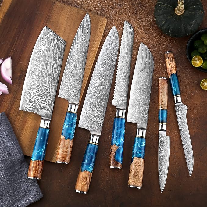 SENKEN 7-Piece Damascus Kitchen Knife Set - Tsunami Collection - 67-Layer Japanese VG10 Steel - Chef's Knife, Cleaver, Santoku, Bread, Boning, & More