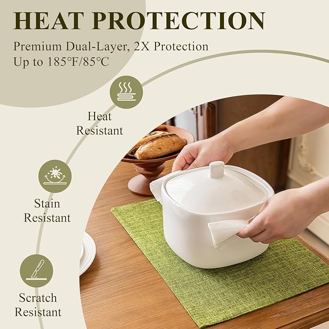 KXN Placemats Set of 8, Dual-Layer Thickened Faux Linen Table Mats, Heat Resistant & Wrinkle-Free, Machine Washable Cloth Place Mats for Kitchen Dining Indoor Outdoor (Green)