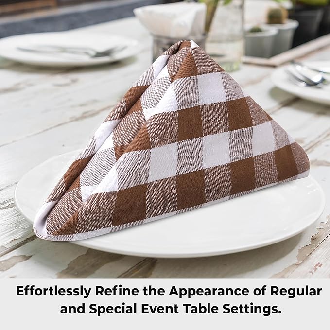 Urban Villa Cloth Napkins 100% Cotton Dinner Napkins Highly Absorbent 20x20 Inches (Set of 12) Brown White Buffalo Checks Reusable Washable Soft Durable Premium Napkins Ideal for Home Wedding Parties