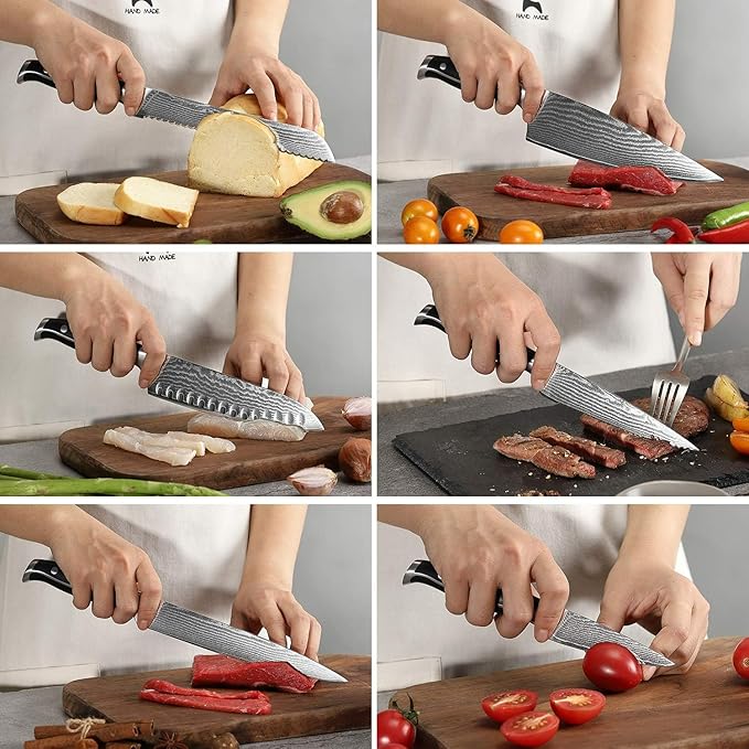 16-Piece Damascus Knife Set with Block - VG10 67-Layer Steel, Razor Sharp, Triple-Rivet Handles, 6 Steak Knives, Meat Fork, Sharpener & Scissors, Gray