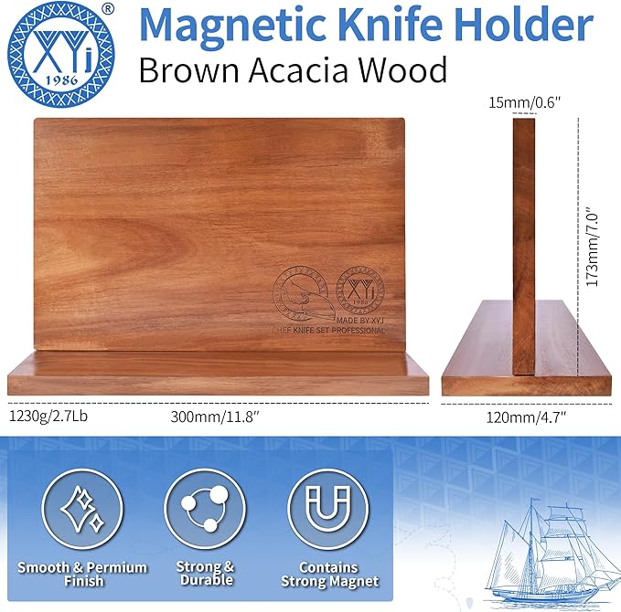 XYJ Magnetic Knife Block Holder Rack Acacia Wood Magnetic Stands with Strong Enhanced Magnets Multifunctional Knife Holder Kitchen Storage Organizer Tool Accessories