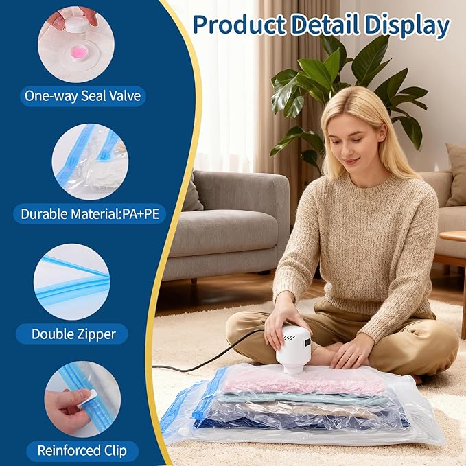Vacuum Storage Bags for Clothing Travel,12 Pack Vacuum Bags with Pump,Space Saver Bag for Clothes Travel & Home(2 Roll Up Bags,3 Small,3 Medium,2 Large,2 Jumbo)
