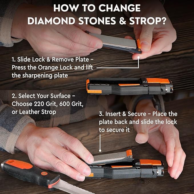 8-in-1 Pocket Knife Sharpener – Guided Diamond Whetstones, Diamond Rod, Leather Strop, 2 Sharpening Slots, Fire-Starter Ferro Rod & Whistle – Outdoor, Yard, Camping by Orange Ninja