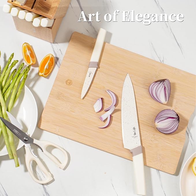 ZHANG XIAO QUAN SINCE 1628 15Pcs Knife Set with Block, High Carbon Stainless Steel Kitchen Knife Set with Ceramic-Coated Blade, Sharp and Durable, Hundreds of Years of Masterful(Cream)