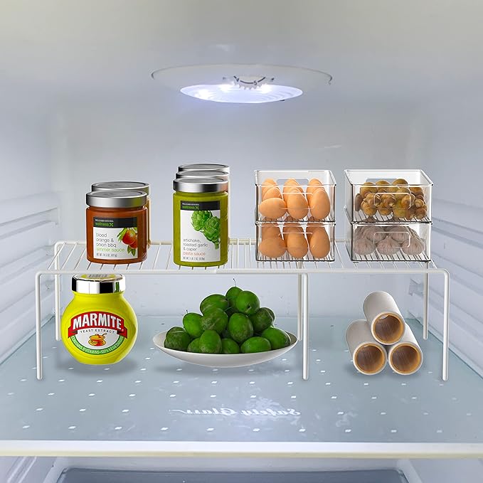 Kitchen Cabinet Expandable Shelf Organizers Set of 2, Adjustable Metal Wire Pantry Storage Shelves, Plate Dish Organizer Rack for Cabinets, Cupboard, Counter, Freezer, Countertop, White