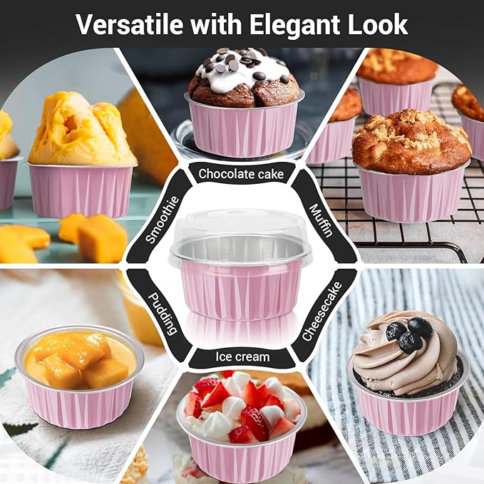 EUSOAR Cupcake Liners, 5oz 100pcs Aluminum Foil Cupcake Liners, Muffin Liners Cups with Lids, Disposable Aluminum Foil Cupcake Baking Cups Holders Cases Boxes Pans with Lids