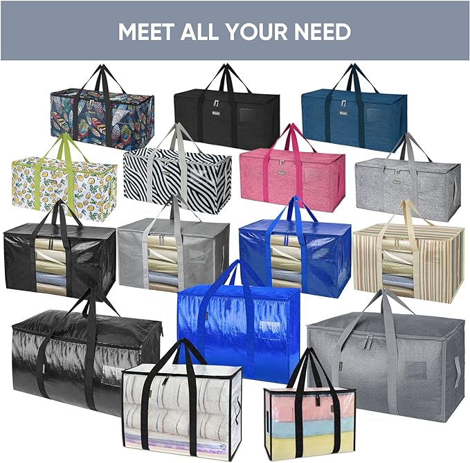 BALEINE 6-Pack Oversized Moving Bags with Reinforced Handles, Heavy-Duty Storage Tote Moving Supplies for Packaging, Camping (Color Stripe, 6-Pack)