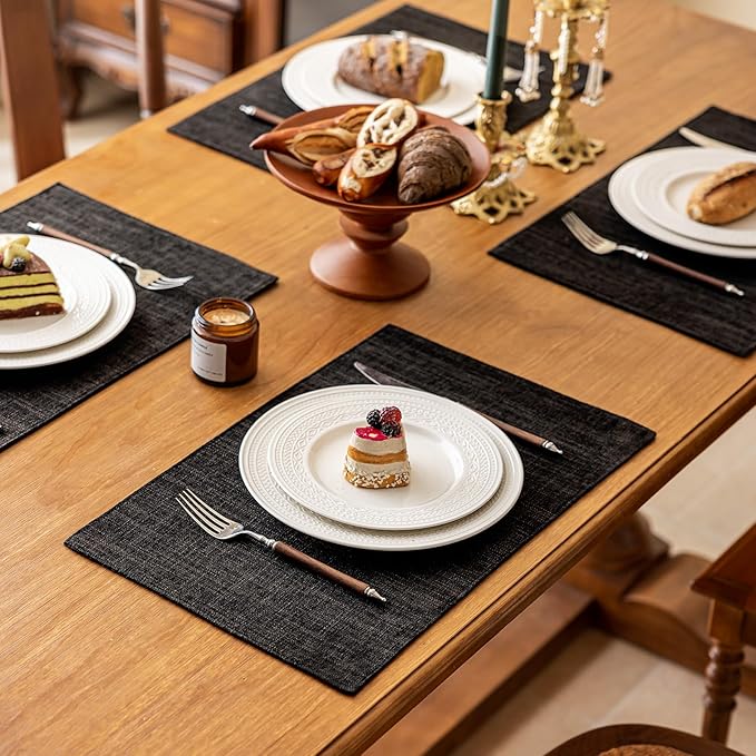 KXN Placemats Set of 6, Dual-Layer Thickened Faux Linen Table Mats, Heat Resistant & Wrinkle-Free, Machine Washable Cloth Place Mats for Kitchen Dining Indoor Outdoor (Black)