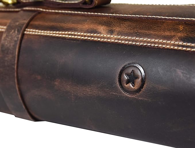 Leather Knife Roll Storage Bag, Elastic and Expandable 10 Pockets, Adjustable/Detachable Shoulder Strap, Travel-Friendly Chef Knife Case (Dark Brown, Leather)