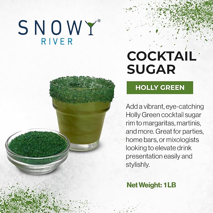 Snowy River Holly Green, Cocktail & Margarita Sugar Rimmer - Vibrant Naturally Colored Sugar for Cocktail Rimming, Baking & Decorating, Medium Crystal - 16oz