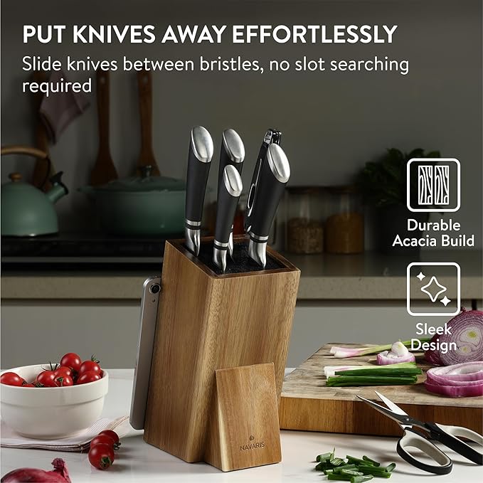 Navaris Wooden Kitchen Knife Block with Holder - Holds a Chopping Board, Phone or Tablet - Acacia Angled Design, 12.5 x 18.7 x 26.2 cm (4.9" x 7.4" x 10.3")