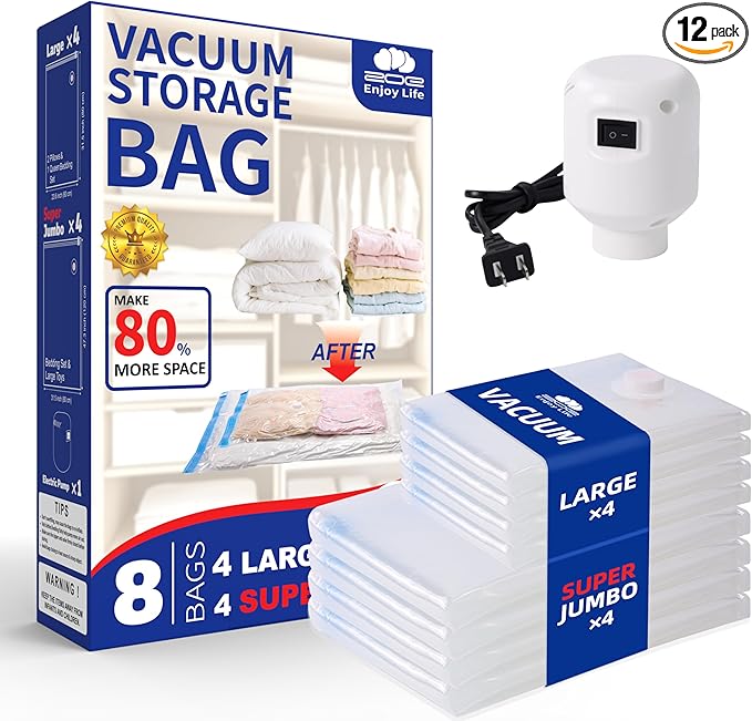 Vacuum Storage Bags with Electric Pump,8 Pack Extra Large Space Saving Vacuum Seal Bags for Bedding,Blanket,Comforters,Duvets,Pillows(4 Large+4 Super Jumbo)