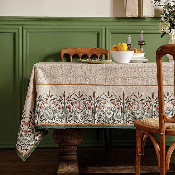 patdrea Designer Linen Vintage Table Cloth for Rectangle Table,Light Brown Durable French Floral Tablecloth,Decor Cover for Kitchen Dining,Christmas,Thanksgiving,Tea Party,55"x87"-Cudillero