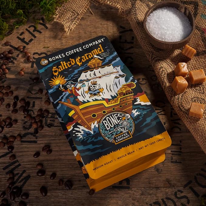 Bones Coffee Company Salted Caramel Flavored Coffee, Medium Roast Low Acid Arabica Beans Compatible with Auto drip and French Press Coffee Maker, 12 Oz Ground