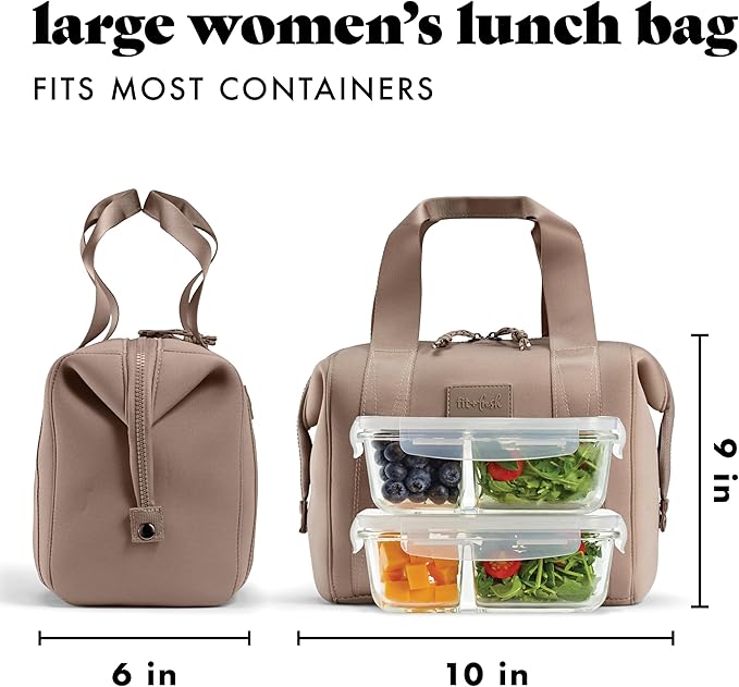 Fit & Fresh Remi Neoprene Lunch Bag For Women - Meal Prep Kit with Containers & XL Ice Pack, Self Insulating Neoprene-like Material, Machine Washable Lunch Bag, Tear-Resistant, Stain-Resistant, Taupe