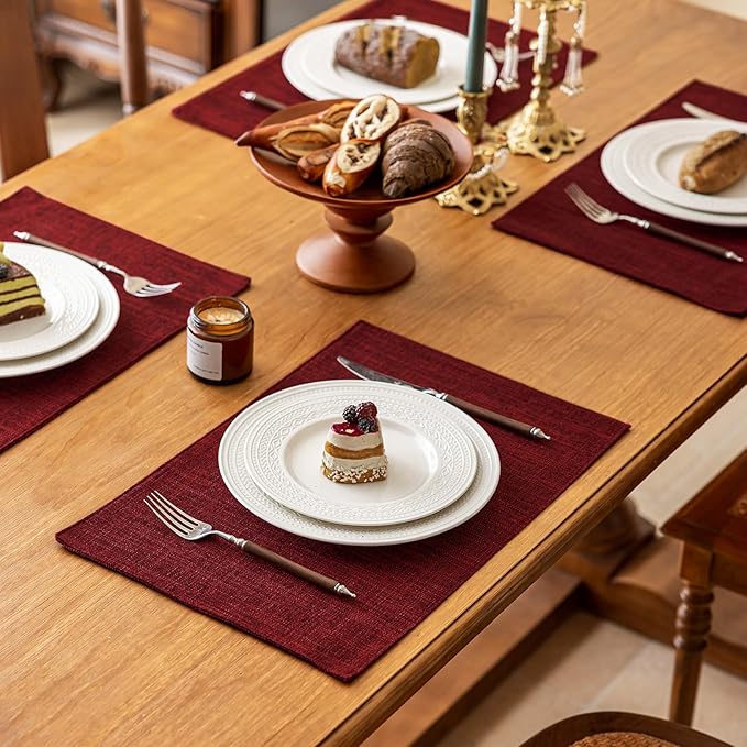 KXN Christmas Placemats Set of 8, Dual-Layer Thickened Faux Linen Table Mats, Heat Resistant & Wrinkle-Free, Machine Washable Cloth Place Mats for Kitchen Dining Indoor Outdoor (Red)