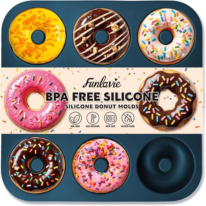 Large Silicone Donut Pan for Baking, 9 Cavity Non-Stick Food Grade Silicone Donut Molds, Doughnut Pan and Bagel Pans for Baking & Kitchen, BPA Free 11.2 x 11.1 Inches, Dishwasher Safe - Blue
