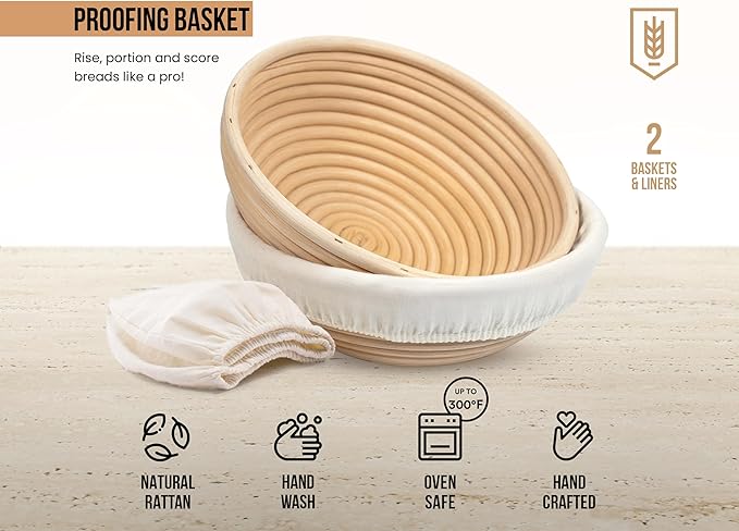 Banneton Bread Proofing Basket, Kook, Sourdough Proofing Bread Basket, Bread Banneton Proofing, Artisan Sourdough Making Baskets, 9 Inch Rattan Baskets and Cloth Liners, Set of 2, Round