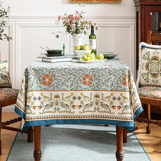 patdrea Designer French Linen Blue Tablecloth for Rectangle Table,Vintage Floral Table Cloth,Colorful Decoration Fall Cover Kitchen Dining for Thanksgiving,Tea Party,Christmas,63"x102"-Wensel