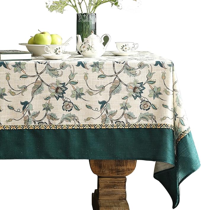 patdrea Designer Green Linen Extra Long Rectangle Tablecloth,Vintage Floral Pattern Breathable Table Cloth,Cover Decor for Kitchen Dining,Christmas,Thanksgiving,Holiday,Tea Party,63"x110"-Noah