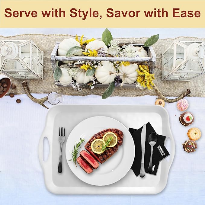 Extra Large 20" x 13" Serving Platters for Turkey, Cookie, Cupcakes, Gift Ready Melamine Serving Tray with Handles for Party Entertaining, Raised Dots & Matt Finish, Set of 2, White
