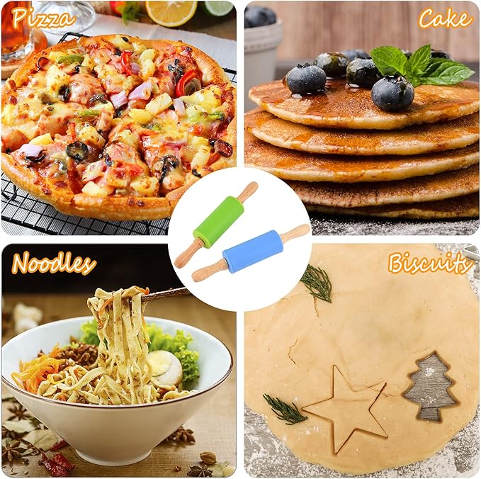 Mini Silicone Rolling Pin for Kids, Non-stick Surface Wood Handle, 9 Inch 1 Pack Red Christmas Tree