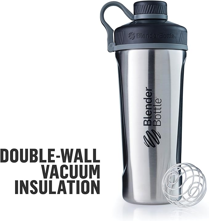 BlenderBottle Radian Shaker Cup Insulated Stainless Steel Water Bottle with Wire Whisk, 26-Ounce, Matte Black