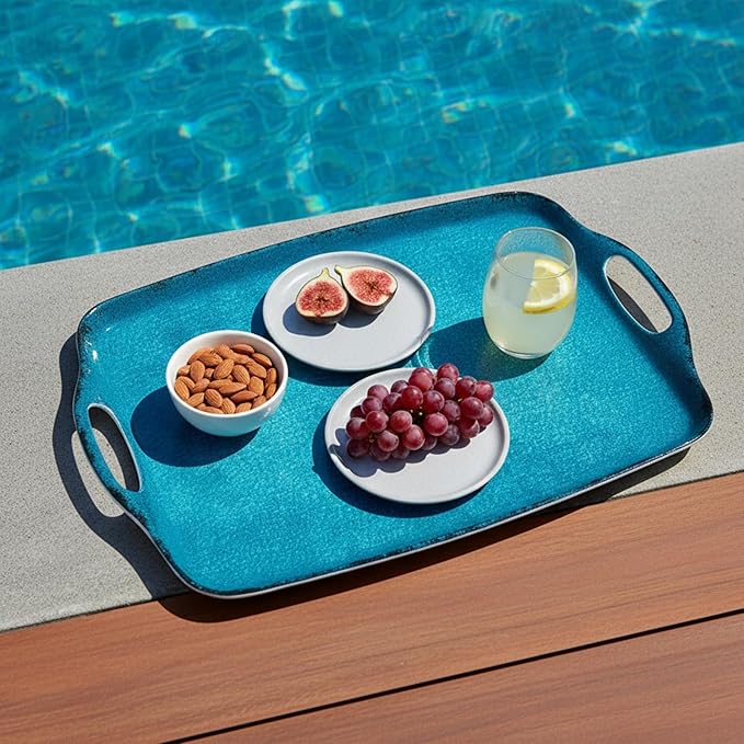 TP Serving Trays with Handles, 19 Inch Large Rectangular Melamine Serving Platter Set of 2, Retro Teal