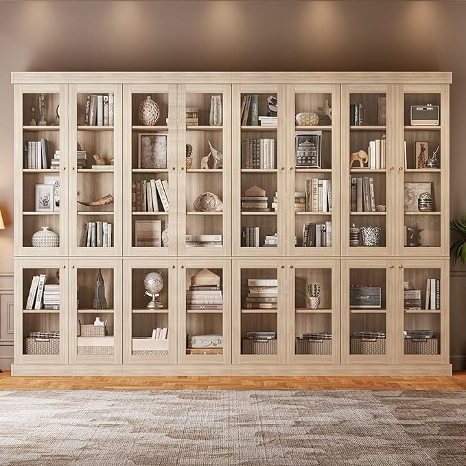 70.8" Tall Brown Bookshelf with Glass Doors, Farmhouse Modular Bookcase with 6-Tier Adjustable Shelves, Large Storage Cabinet for Home Office, Living Room
