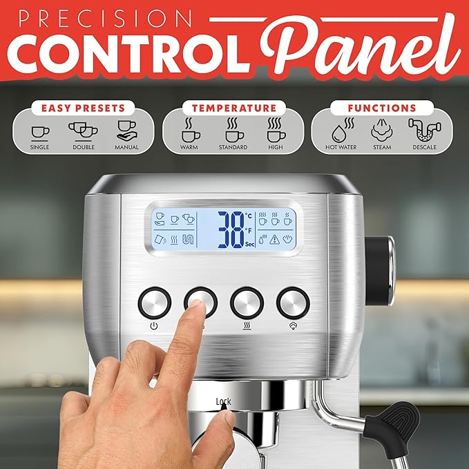 Gourmia Slim Espresso Machine – 20-Bar Pump, LCD Display, Milk Frother, Adjustable Temperature, Manual & Auto Brew for Single/Double Shots, 1350W, Stainless Steel