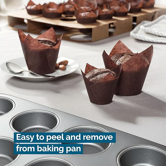 Tulip Cupcake & Muffin Liners – 50gsm XL Floral Baking Cups – 200 Pcs Natural & Non Toxic Paper Wrappers for Wedding, Bakery, & Party Supplies, Brown, by BHI Packaging