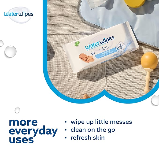 WaterWipes Sensitive+ Newborn & Baby Wipes, 3-In-1 Cleans, Cares, Protects, 99.9% Water, Unscented & Hypoallergenic, 240 Count (4 Packs)