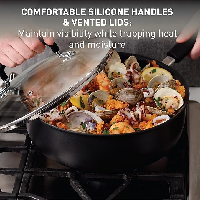 T-fal Ultimate Hard Anodized Nonstick Cookware Set 12 Piece, Oven Broiler Safe 400F, Lid Safe 350F, Kitchen Cooking Set w/Fry Pans, Saucepans, Dutch Oven, Pots and Pans, Dishwasher Safe, Black