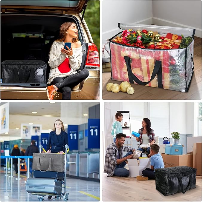 BALEINE 4-Pack Oversized Moving Bags with Reinforced Handles, Heavy-Duty Storage Tote for Clothes, Moving Supplies (Black, 4-Pack)