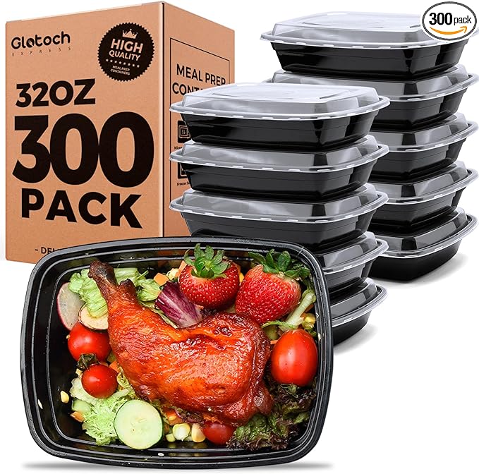 Glotoch Express 32oz 1-Compartment Black Square Food Containers with Lids, Durable BPA-Free Plastic Meal Prep Boxes, Microwave/Freezer/Dishwasher Safe, 300 Pack