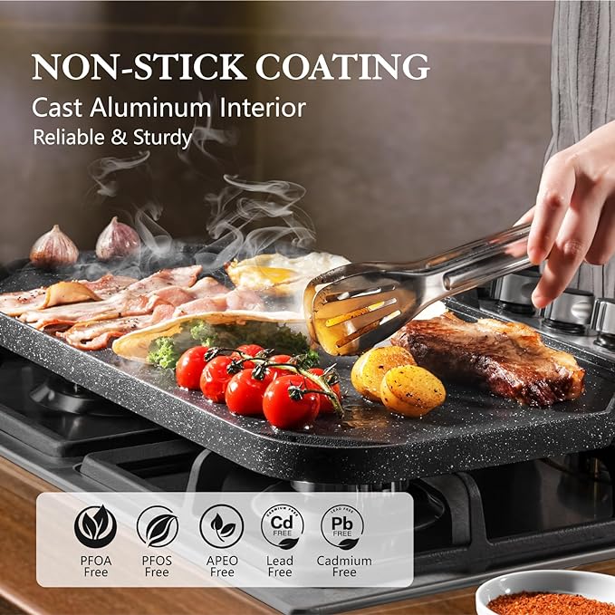 SENSARTE Nonstick Griddle Grill Pan, Pro-Grid Reversible Grill & Griddle Pan, Two Burner Cast Aluminum, Portable for Indoor Stovetop or Outdoor Camping BBQ, 19.5" x 10.7"