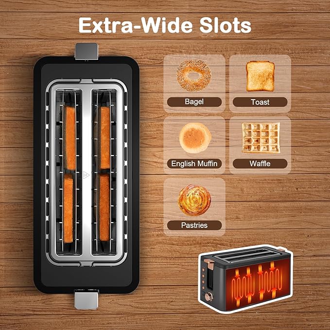 Mecity 4 Slice Toaster, Long Slot Toaster with Timer, Bagel, Defrost, Reheat, Cancel Functions, Warming Rack, Removable Tray, 6 Browning Settings, Extra Wide Slots, Stainless Steel, 1300W