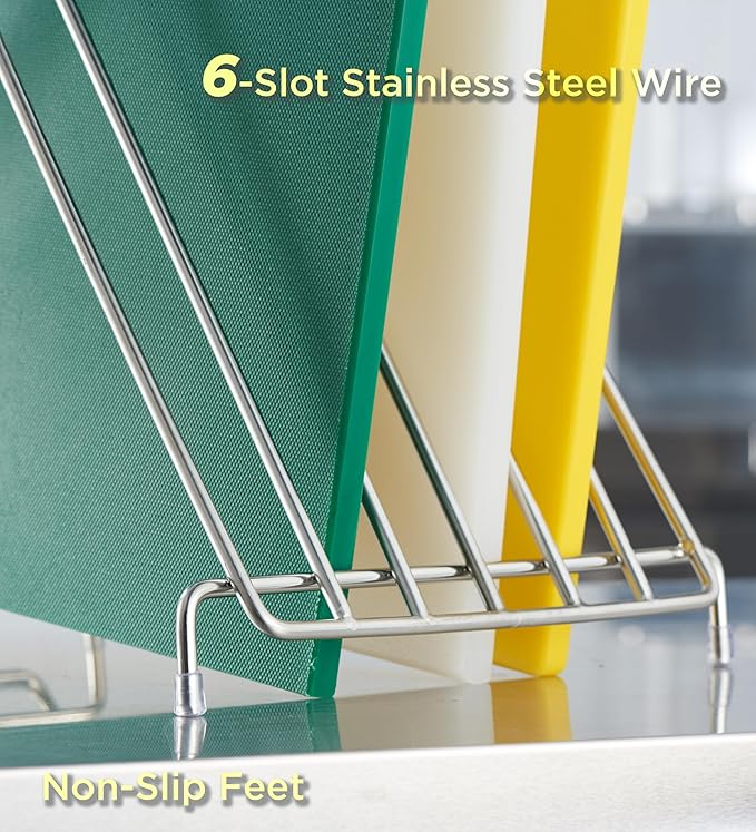 CURTA 6-Piece NSF 20" x 14" x 1/2" Multi-Colored Flexible Cutting Board Kit with Stainless steel Storage Rack, Color Coded Plastic Chopping Board with Anti Slip Surface Dishwasher Safe