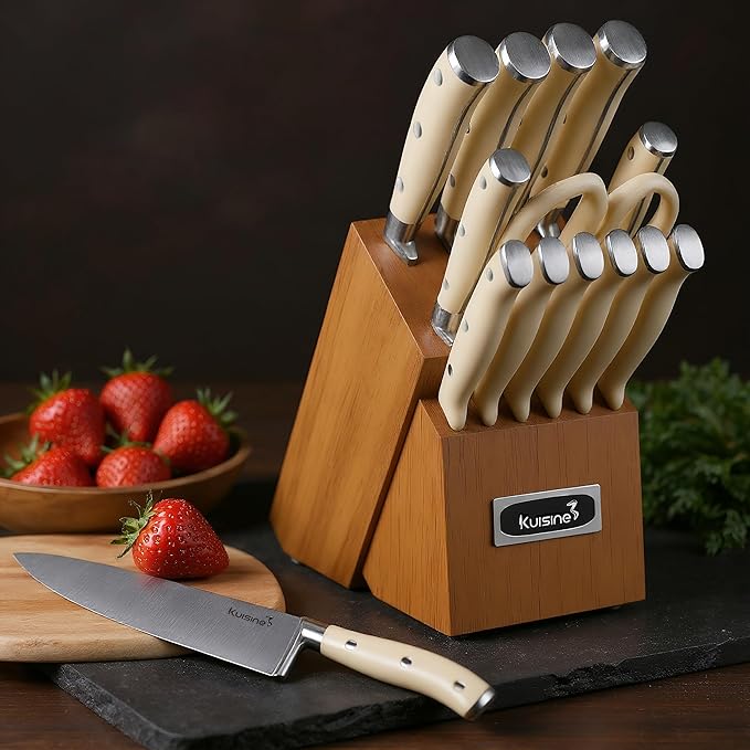Kuisine Kitchen Chef Knife Set Upgraded,High Carbon Stainless Steel Ultra Sharp Blade Ergonomic Handle,Knife Block Set with Built-in Sharpener,Elegant Gift for Holiday(Acacia Ivory,15PCS)