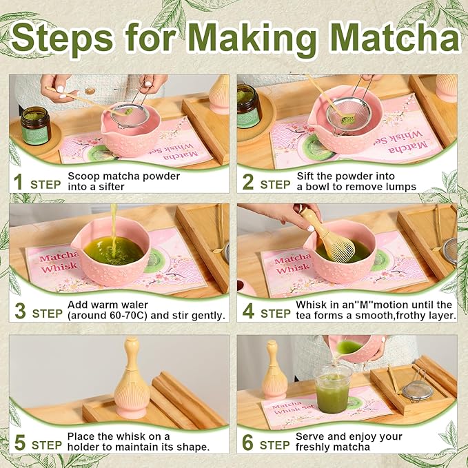 6pcs Matcha Whisk Set Includes Resin Matcha Whisk,Ceramic Matcha Bowl Set and Sifter,Matcha Whisks Holder,Natural Bamboo Spoon and Tea Towel for Matcha Starter Kit Lovers (Pink)