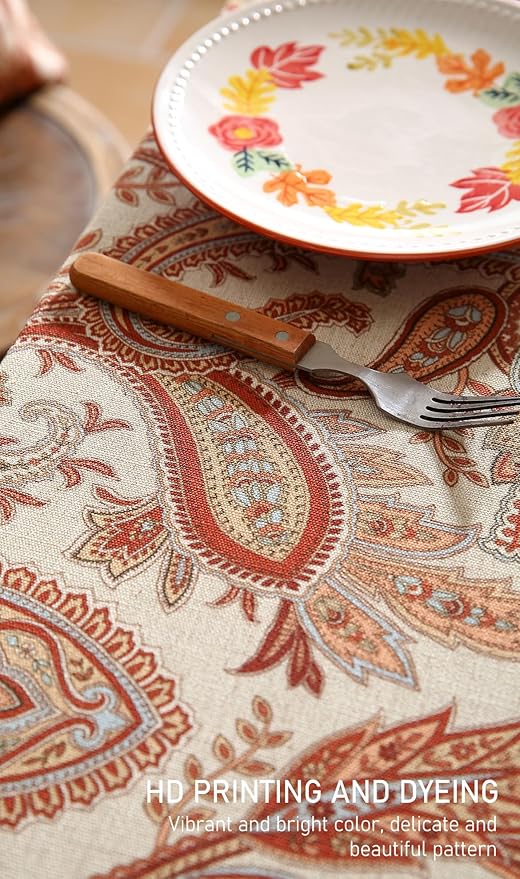 ISAENNE Designer French Red Long Rectangle Tablecloth,Linen Table Cloth with Cashew Pattern,Stain Proof Decor Tablecloths for Dining Thanksgiving Kitchen Christmas,63"*102"-Chauffrey D